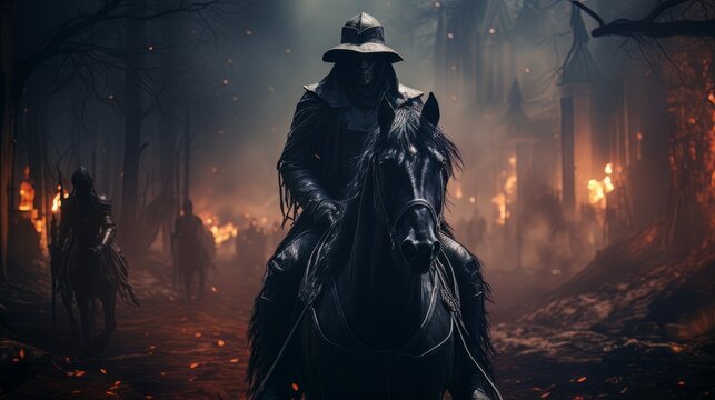 Black horsemen of apocalypse riding black horses AI