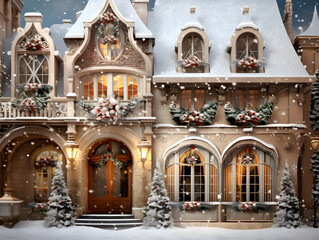 Obraz premium Christmas in the city with snow and decorations