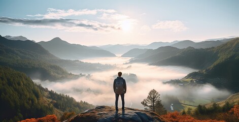 Young man standing on the top of the mountain - obrazy, fototapety, plakaty