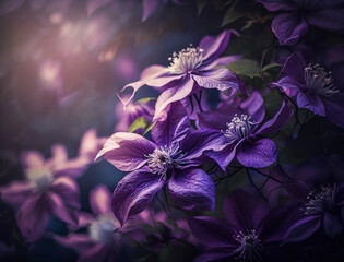 Fantasy clematis plants and glowing flowers background
