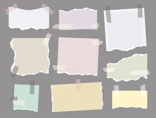 Ripped paper with sticky tape. Notepad with ruled pages and adhesive tape, vintage blank notecards with sticky notes. Vector isolated set of torn cardboard message illustration