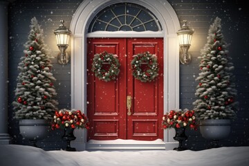 Fototapeta na wymiar Christmas Decorations At Front Door of House
