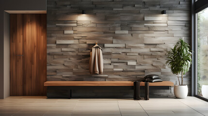 Obraz na płótnie Canvas Stone and wood paneling wall in minimalist hallway. Luxury home interior design of modern entrance hall with door and benches