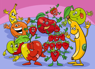 cartoon happy fresh fruit comic characters group