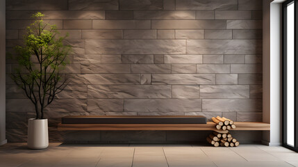 Stone and wood paneling wall in minimalist hallway. Luxury home interior design of modern entrance...