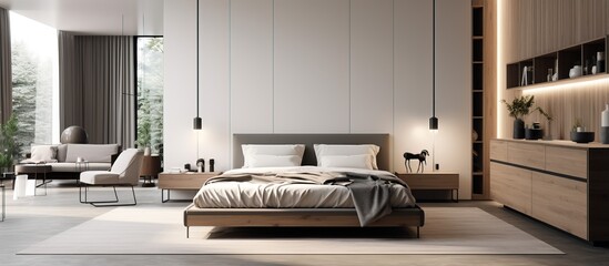 Comfortable and stylish ed bedroom with spacious bed wardrobe coffee table television carpet etc