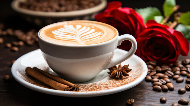 Cup of coffee with milk on a wooden table next to coffee beans and red roses. 