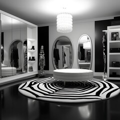 Modern black and white dressing room interior with furniture