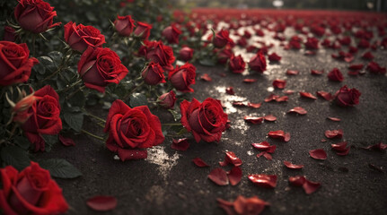 Red roses lie on the ground in rainy weather