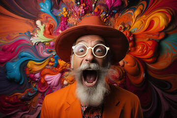 funny surprised happy old man in hat on a bright multicolored hallucinogenic background from drugs