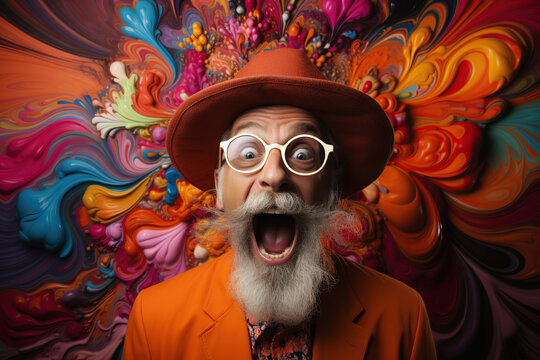 Funny Surprised Happy Old Man In Hat On A Bright Multicolored Hallucinogenic Background From Drugs