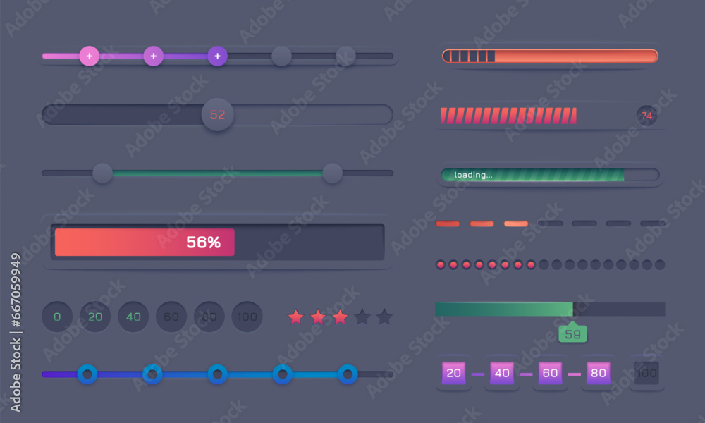 Poster progress bar set. round and square loading indicators, step number indicator frames, loading screen 