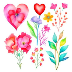 set of watercolor illustrations of hearts and flowers, twigs and leaves for the design of valentines cards and invitations