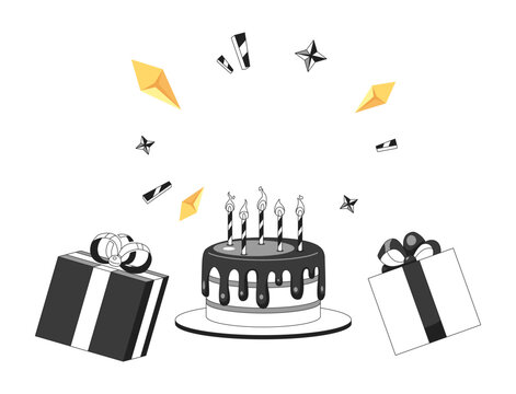 Celebration birthday party background black and white 2D illustration concept. Gift boxes birthday cake isolated cartoon outline scene. Gemstone frame presents cake metaphor monochrome vector art