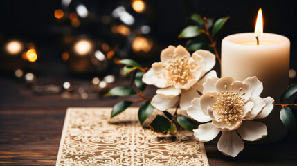 Fototapeta na wymiar christmas decoration white flowers next to candle on a wooden table. copy space