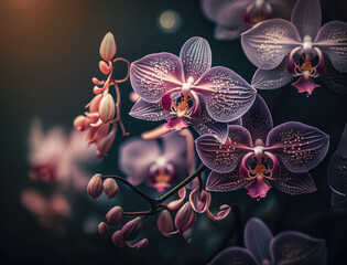 Fantasy orchid plants and glowing flowers background