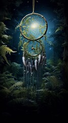 A dream catcher hanging in a moonlit forest, capturing the essence of the night.