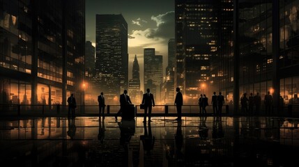 Dark figures of people on the background of the night city - obrazy, fototapety, plakaty