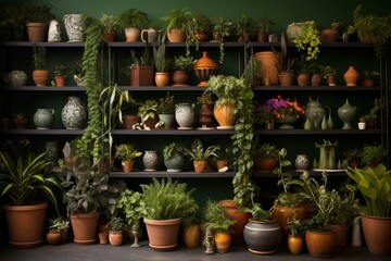 A collection of pots with various types of plants. Generative AI