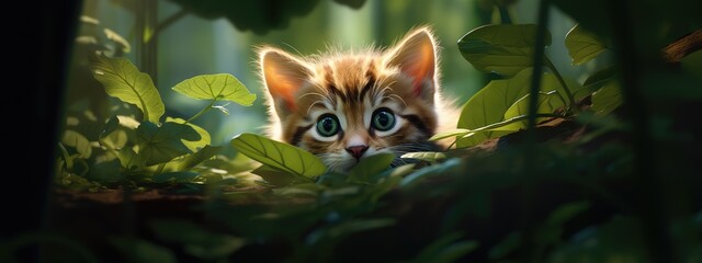 Funny little tabby kitten walking in the wild. Cute kitty  with big green eyes looking up in grass...