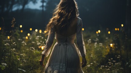 A girl in a white dress walks through the night field