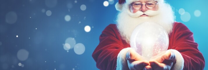 Happy Santa Claus holding glowing christmas ball over defocused blue background with copy space....
