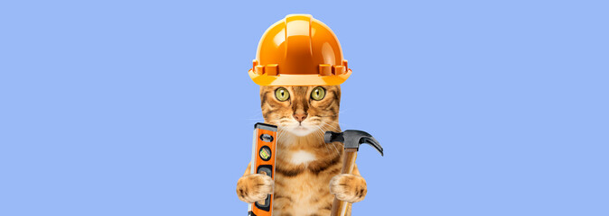 Funny cat in a construction helmet on a blue background.