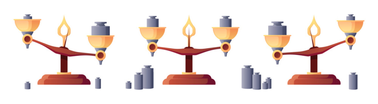 Scales balance. Mass and weight measuring scales with different weights, calibration and equal measure math symbols. Vector illustration of weight balance, measure scale