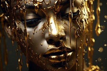 Woman in a gold face dripping beautiful portrait