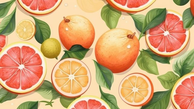 Pattern with juicy pomelos on a light background. AI generated