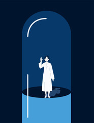 Vector illustration of a girl inside a capsule. A woman with her hand raised and hopelessness in her eyes is locked in a large capsule. Conceptual illustration about drug addiction or abuse.