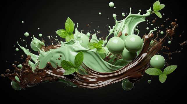 chocolate and mint leaf splashes - Generative AI