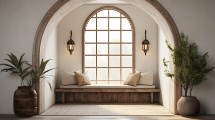 Timber beam ceiling and arched door in mediterranean style hallway. Interior design of modern rustic entrance hall with door in farmhouse