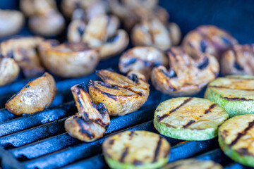 Background of fried vegetables on the grill close-up.Healthy food concept, vegan food.