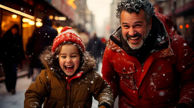 A child and an elderly grandfather play snowballs on the street in winter, with smiles on their faces . Generative AI