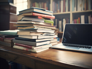 Pile of books with laptop Teacher 's day concept.