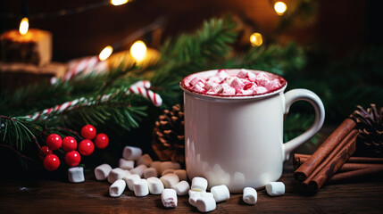 Hot chocolate cup with marshmallows on a wooden table with christmas tree and candle decor. 