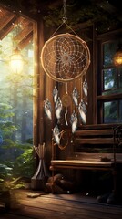 A dream catcher swaying gently on a porch, accompanied by the sound of wind chimes in the background.