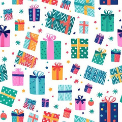 Christmas seamless pattern. Christmas colorful gift boxes