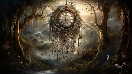 A dream catcher woven with the threads of time, suspended in a surreal clockwork landscape, capturing dreams that weave through the tapestry of history.
