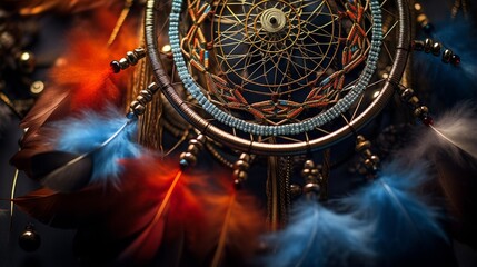 A macro shot of a dream catcher, capturing the fine details of its feathers and beads, creating a mesmerizing visual tale of dreams.