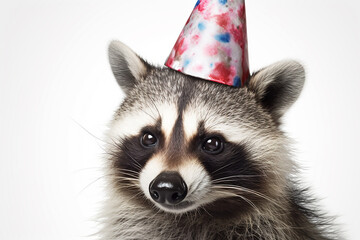 Funny raccoon in a birthday hat. A raccoon celebrates a birthday in a hat isolated on white background