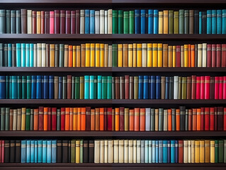 Colorful books on bookshelf in library. 