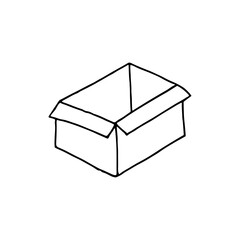 Cardboard box, open and empty. Doodle. Vector illustration. Hand drawn. Outline. 