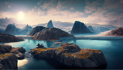 Fantastic landscape of New Zealand and Iceland, fantasy backdrop