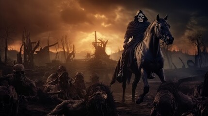 Fototapeta premium Black horseman of apocalypse riding black horse AI