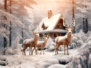 Deers in the winter forest with beautiful house on the backside