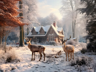 Deers in the winter forest with beautiful house on the backside