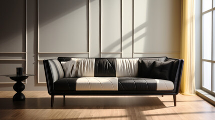white and black seventies style sofa in a modern living room . 3D rendering. Vintage style. Ai generative