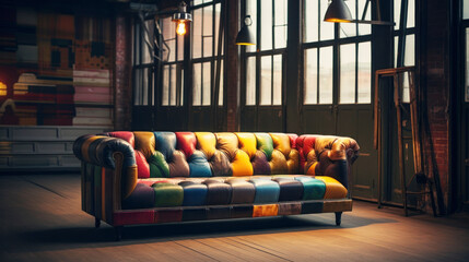 Patchwork seventies style sofa in a modern living room . 3D rendering. Vintage style. Ai generative. - obrazy, fototapety, plakaty